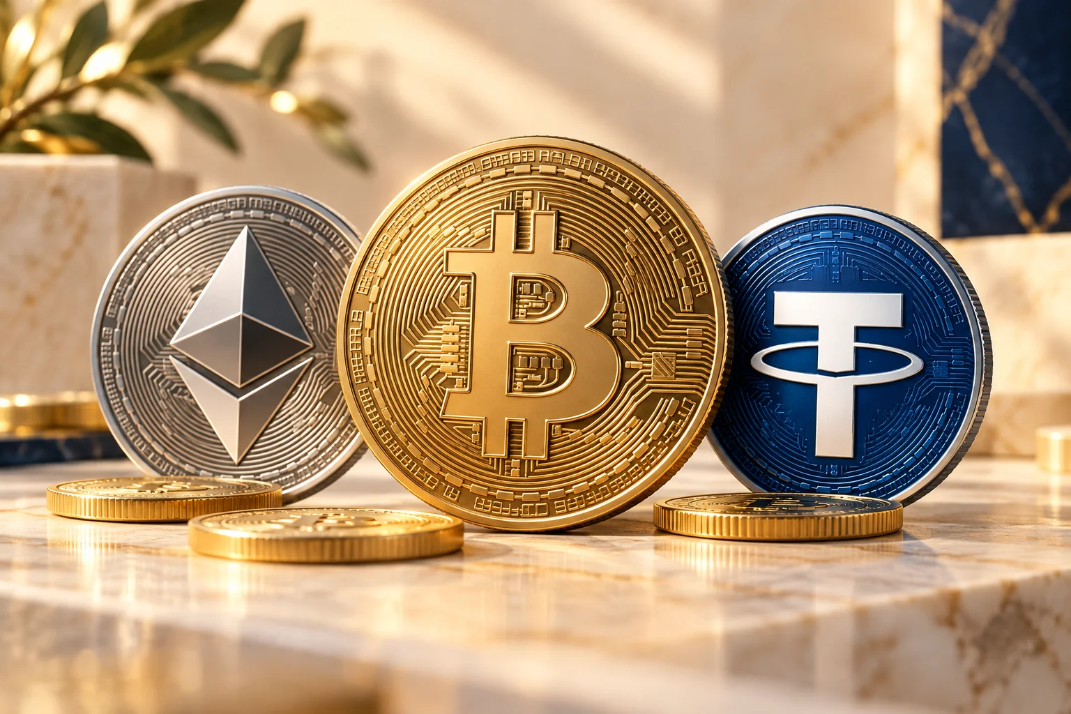 Монеты Bitcoin, Ethereum и USDT — криптовалюта и цифровые активы